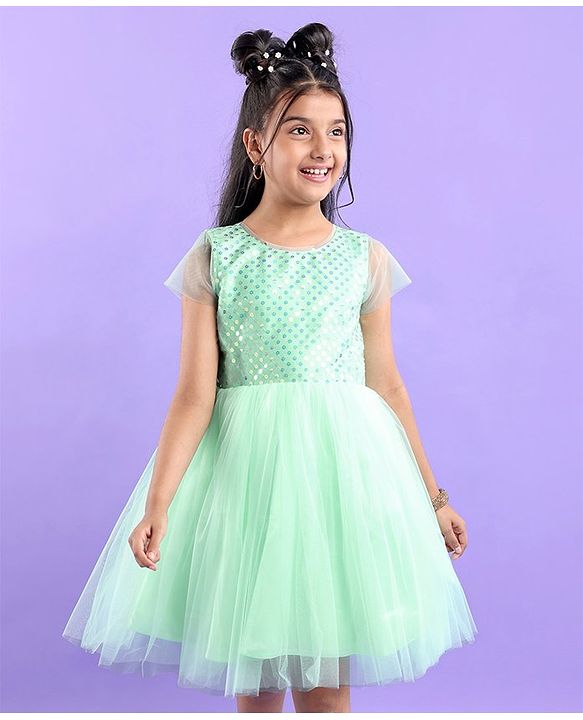 Pine Kids Woven Half Sleeves Party Frock with Sequins Detailing - Green