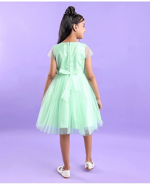 Pine Kids Woven Half Sleeves Party Frock with Sequins Detailing - Green