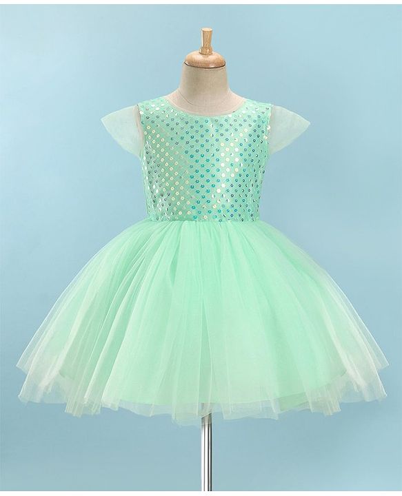 Pine Kids Woven Half Sleeves Party Frock with Sequins Detailing - Green