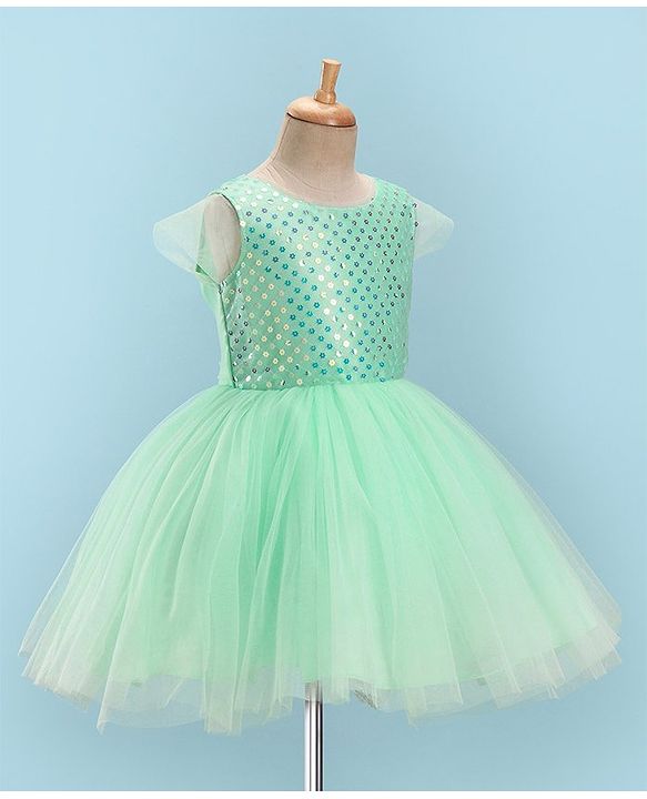 Pine Kids Woven Half Sleeves Party Frock with Sequins Detailing - Green