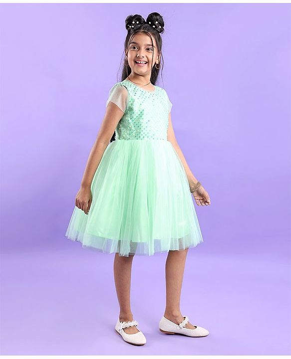Pine Kids Woven Half Sleeves Party Frock with Sequins Detailing - Green