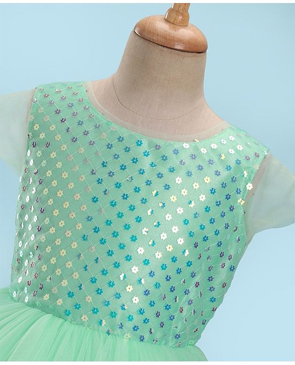 Pine Kids Woven Half Sleeves Party Frock with Sequins Detailing - Green
