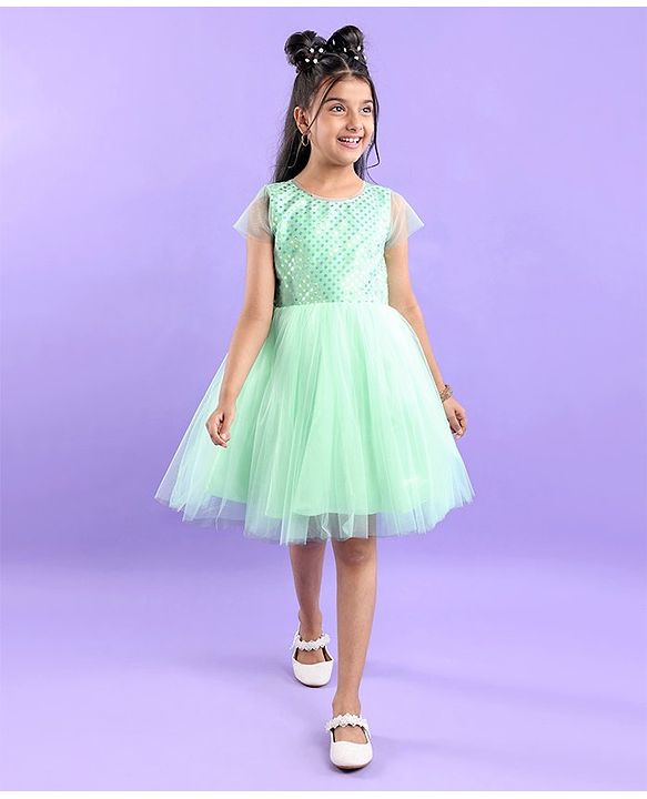 Pine Kids Woven Half Sleeves Party Frock with Sequins Detailing - Green