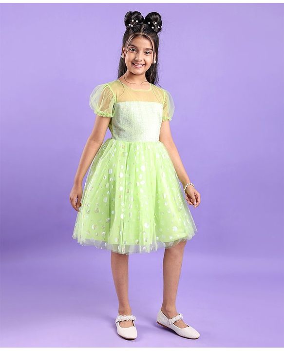 Pine Kids Woven Half Sleeves Party Frock With Polka Dot Print-Green