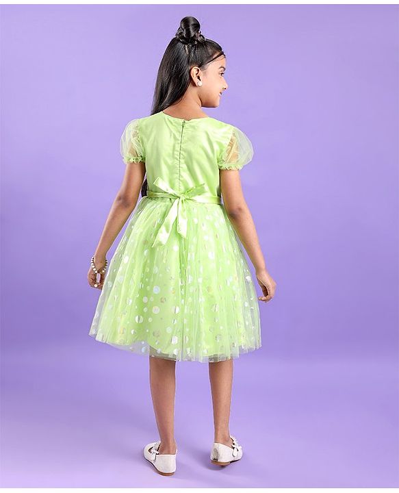 Pine Kids Woven Half Sleeves Party Frock With Polka Dot Print-Green