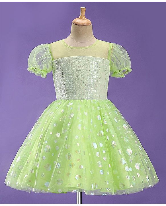 Pine Kids Woven Half Sleeves Party Frock With Polka Dot Print-Green