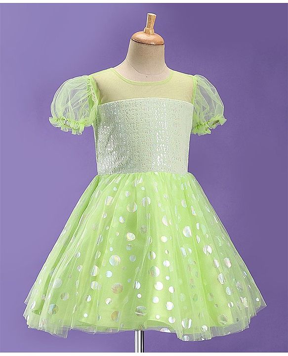 Pine Kids Woven Half Sleeves Party Frock With Polka Dot Print-Green