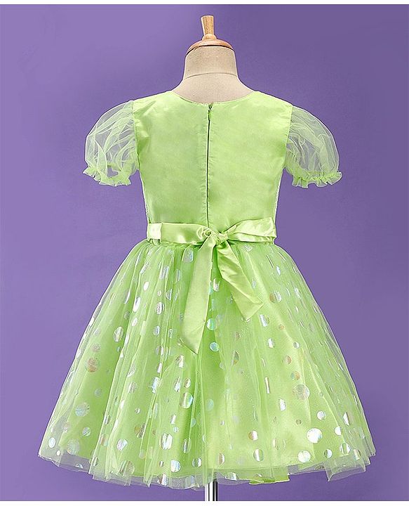 Pine Kids Woven Half Sleeves Party Frock With Polka Dot Print-Green