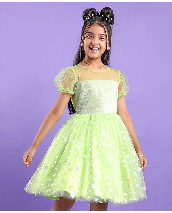 Pine Kids Woven Half Sleeves Party Frock With Polka Dot Print-Green