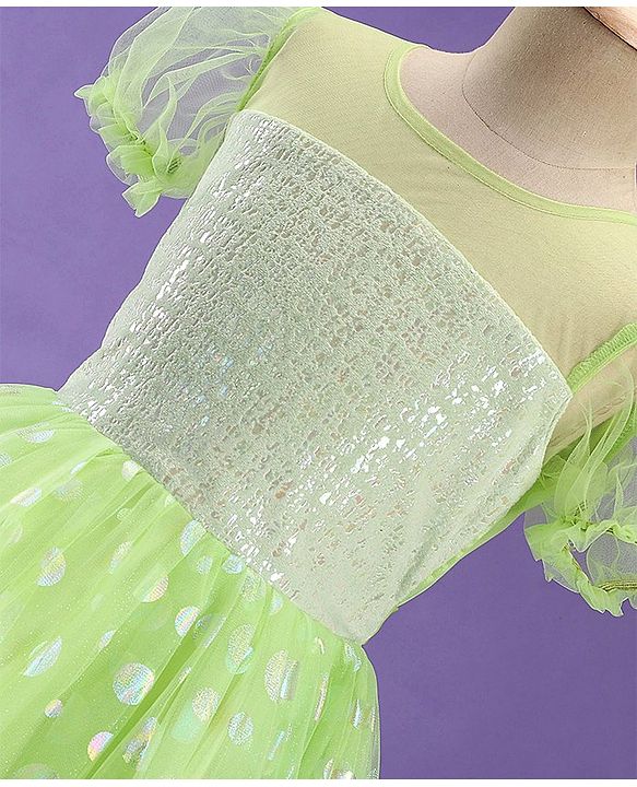 Pine Kids Woven Half Sleeves Party Frock With Polka Dot Print-Green