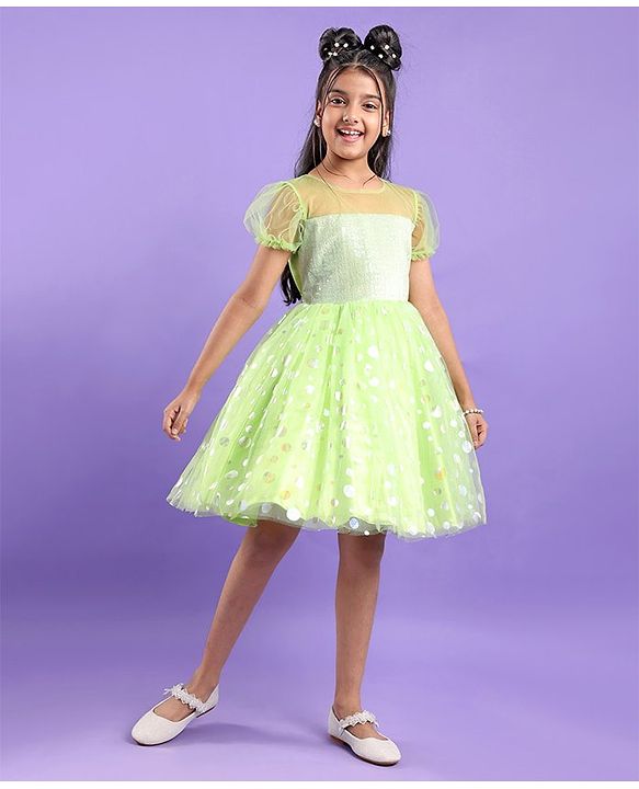 Pine Kids Woven Half Sleeves Party Frock With Polka Dot Print-Green