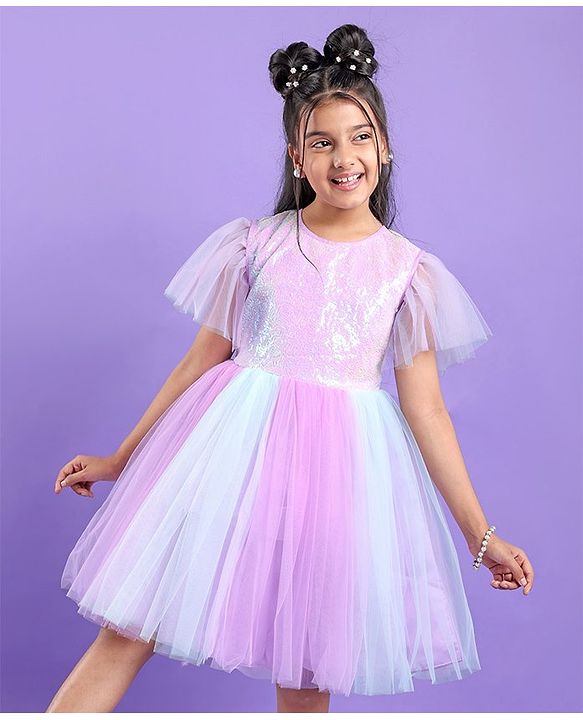 Pine Kids Half Sleeves Party Frock With Sequin Detailing - Pink