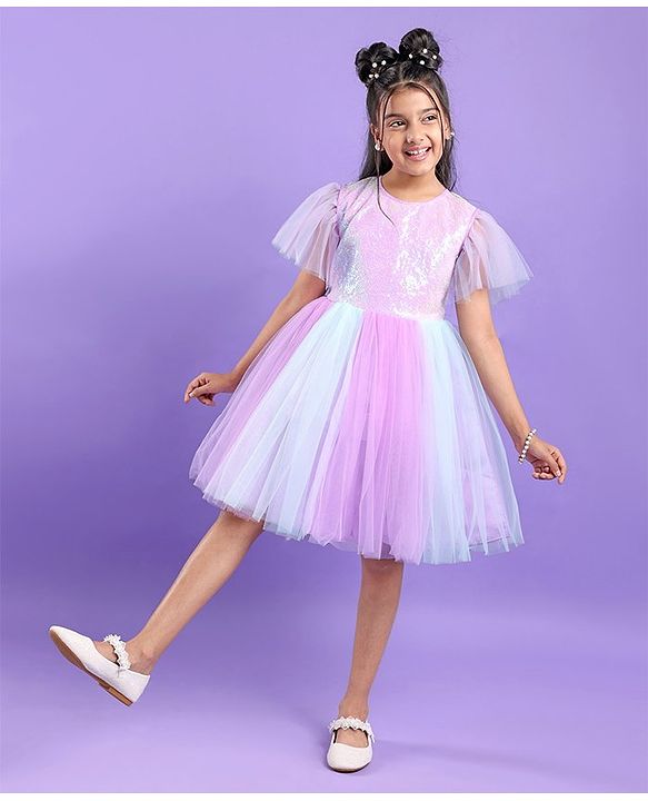 Pine Kids Half Sleeves Party Frock With Sequin Detailing - Pink