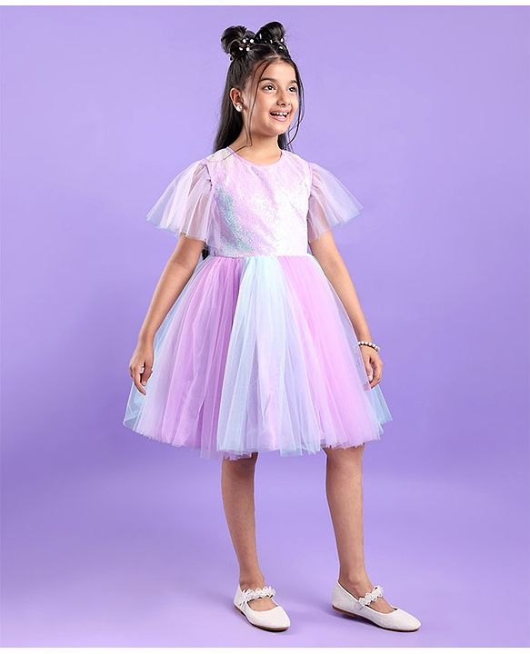 Pine Kids Half Sleeves Party Frock With Sequin Detailing - Pink