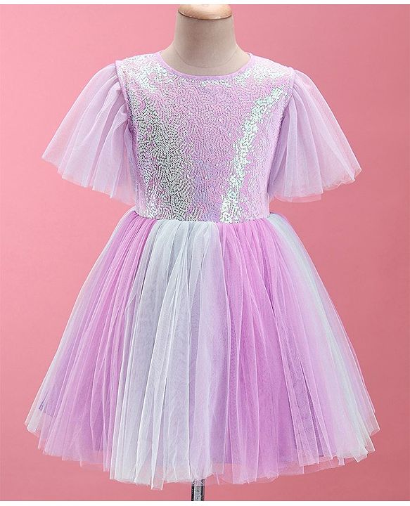 Pine Kids Half Sleeves Party Frock With Sequin Detailing - Pink