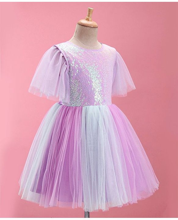 Pine Kids Half Sleeves Party Frock With Sequin Detailing - Pink