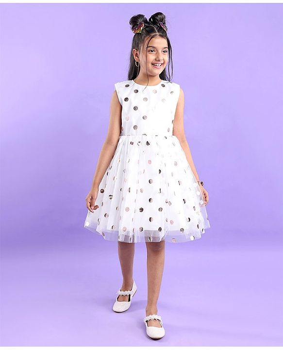 Pine Kids Woven  Sleeveless Party Frock With Polka Dot Print-White