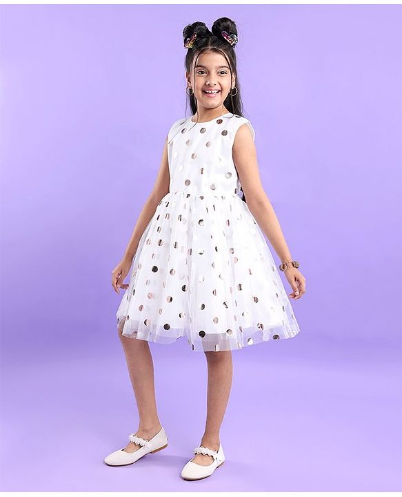 Pine Kids Woven  Sleeveless Party Frock With Polka Dot Print-White