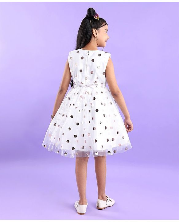 Pine Kids Woven  Sleeveless Party Frock With Polka Dot Print-White