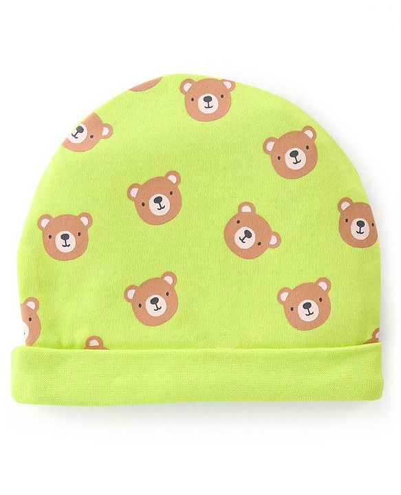 Babyhug 100% Cotton Knit Cap Mittens & Booties Set Teddy Print- Green