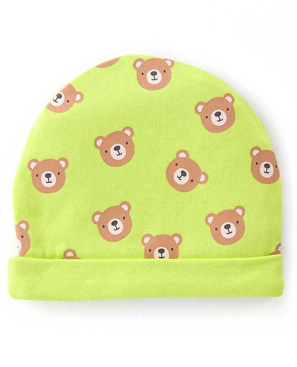 Babyhug 100% Cotton Knit Cap Mittens & Booties Set Teddy Print- Green