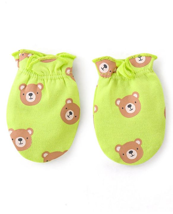 Babyhug 100% Cotton Knit Cap Mittens & Booties Set Teddy Print- Green