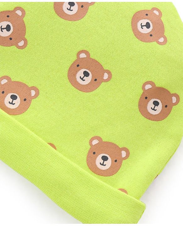 Babyhug 100% Cotton Knit Cap Mittens & Booties Set Teddy Print- Green