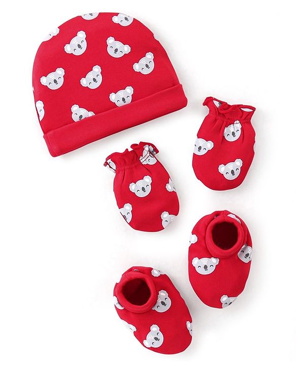 Babyhug 100% Cotton Cap Mittens And Booties Bear Print - Red