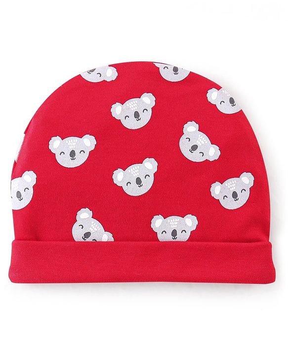 Babyhug 100% Cotton Cap Mittens And Booties Bear Print - Red