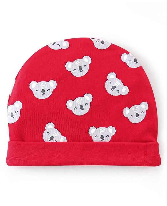 Babyhug 100% Cotton Cap Mittens And Booties Bear Print - Red