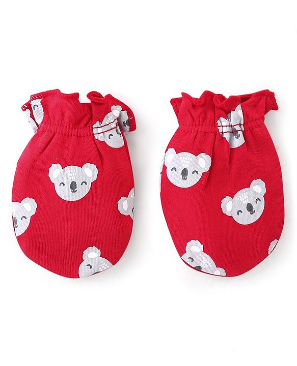 Babyhug 100% Cotton Cap Mittens And Booties Bear Print - Red