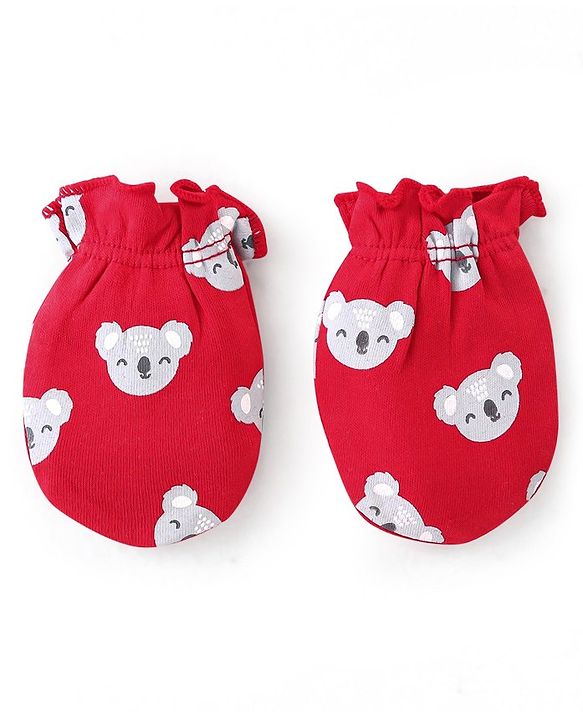 Babyhug 100% Cotton Cap Mittens And Booties Bear Print - Red