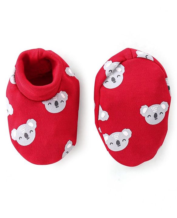 Babyhug 100% Cotton Cap Mittens And Booties Bear Print - Red