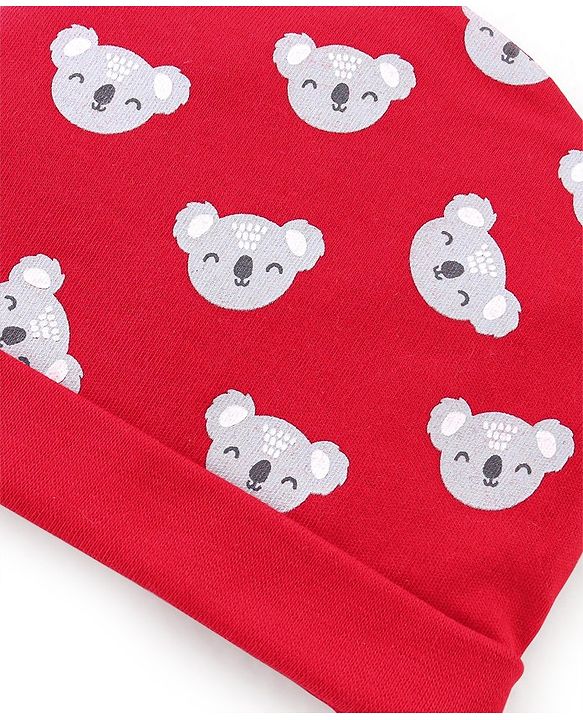 Babyhug 100% Cotton Cap Mittens And Booties Bear Print - Red
