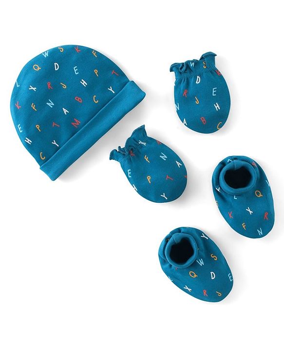 Babyhug 100% Cotton Cap Mittens And Booties Alphabate Print - Blue