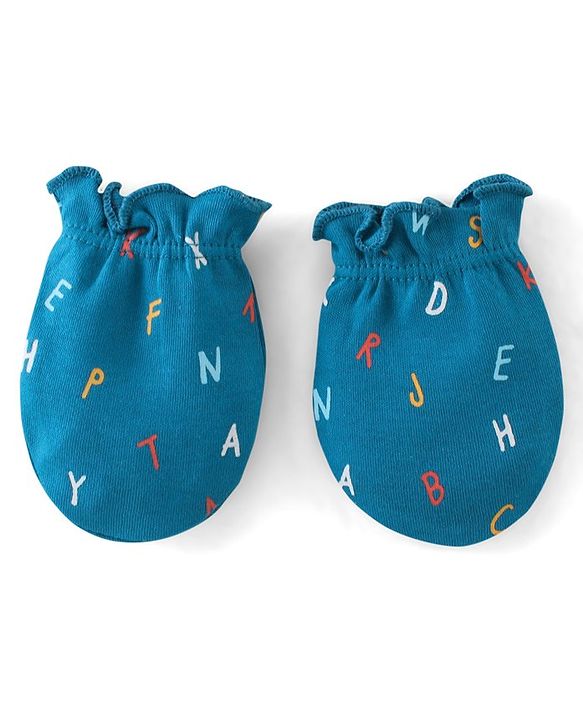 Babyhug 100% Cotton Cap Mittens And Booties Alphabate Print - Blue