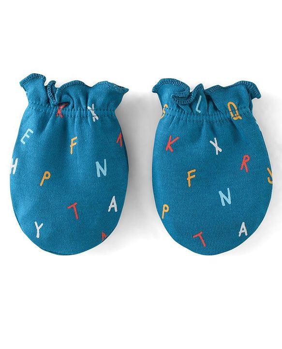 Babyhug 100% Cotton Cap Mittens And Booties Alphabate Print - Blue
