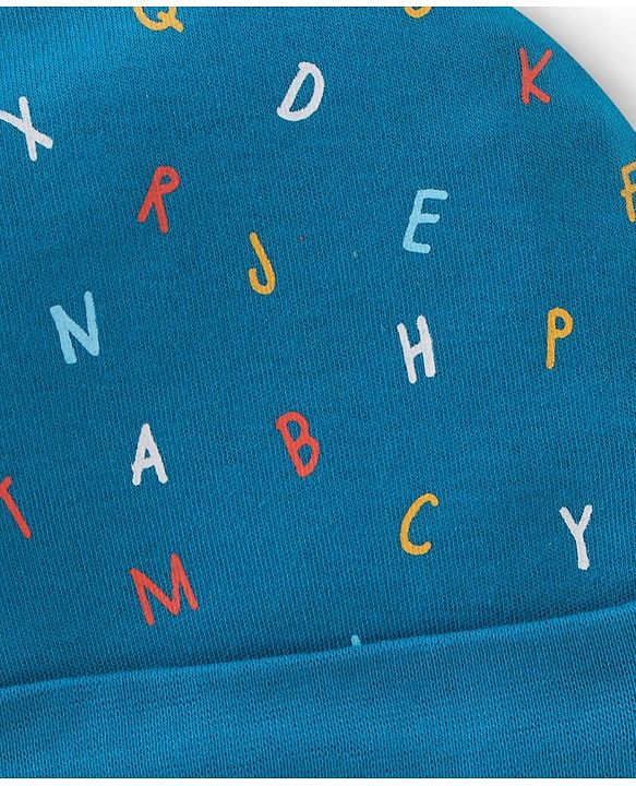Babyhug 100% Cotton Cap Mittens And Booties Alphabate Print - Blue