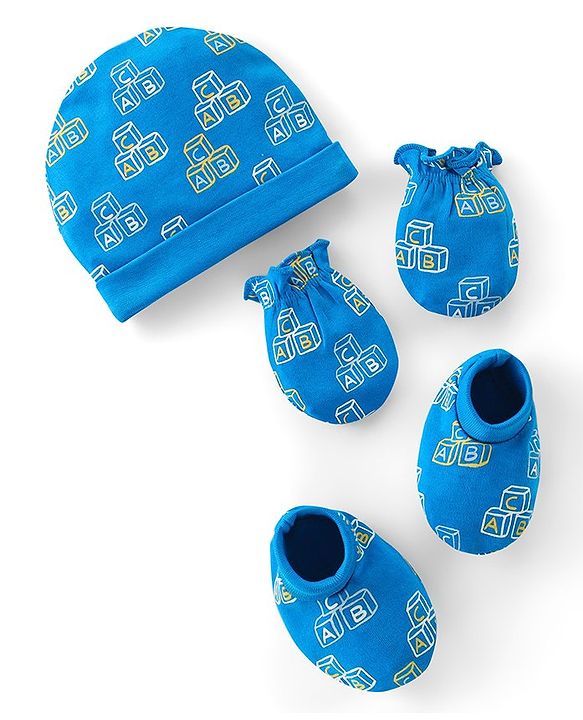 Babyhug 100% Cotton Interlock Knti Cap Mittens & Booties Set Alphabate Print -Blue