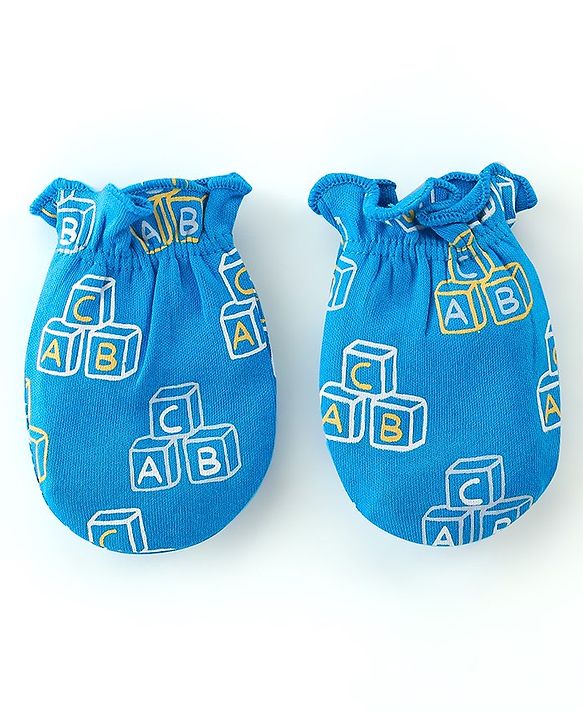 Babyhug 100% Cotton Interlock Knti Cap Mittens & Booties Set Alphabate Print -Blue