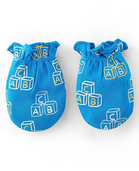 Babyhug 100% Cotton Interlock Knti Cap Mittens & Booties Set Alphabate Print -Blue