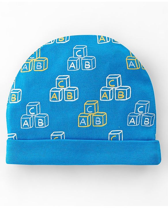 Babyhug 100% Cotton Interlock Knti Cap Mittens & Booties Set Alphabate Print -Blue