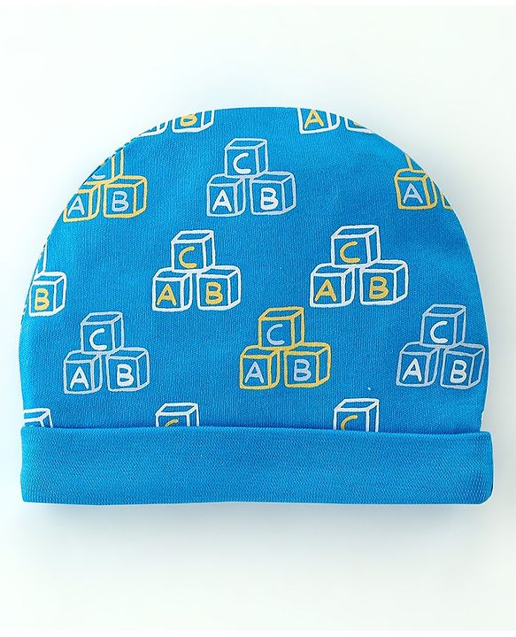 Babyhug 100% Cotton Interlock Knti Cap Mittens & Booties Set Alphabate Print -Blue