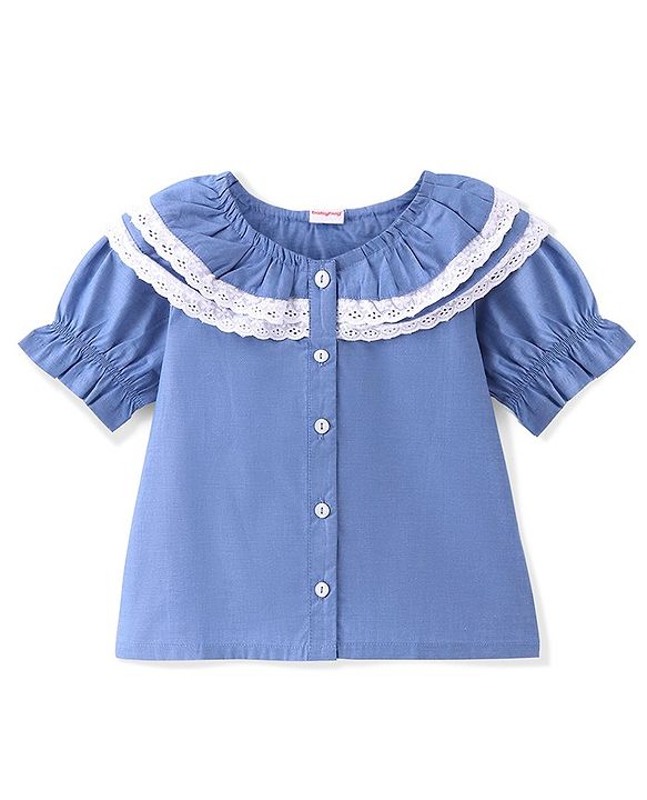 Babyhug 100% Cotton Woven Half Sleeves Top With Frill & Lace Detailing - Blue