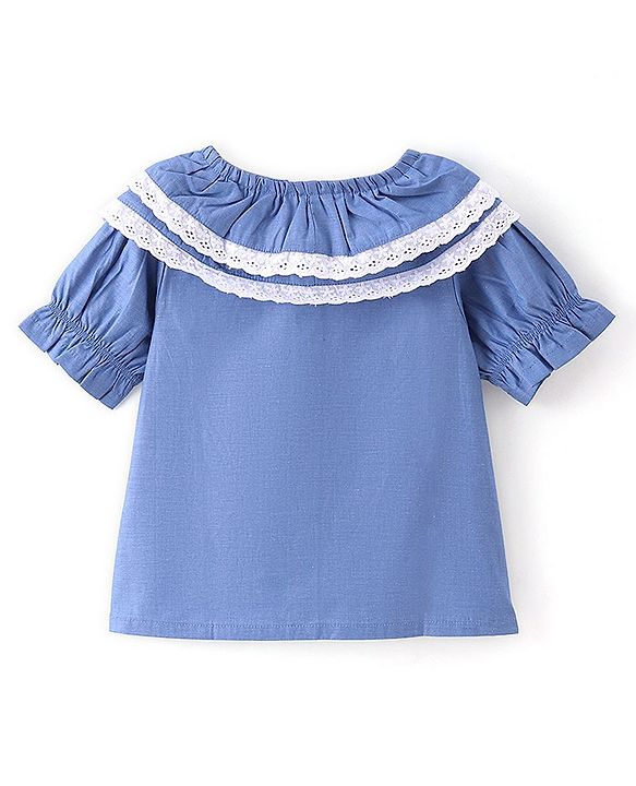 Babyhug 100% Cotton Woven Half Sleeves Top With Frill & Lace Detailing - Blue