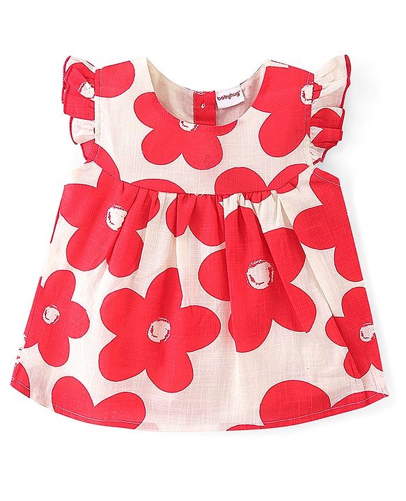 Babyhug 100% Cotton Frill Sleeves Woven Top With Floral Print - Red & White