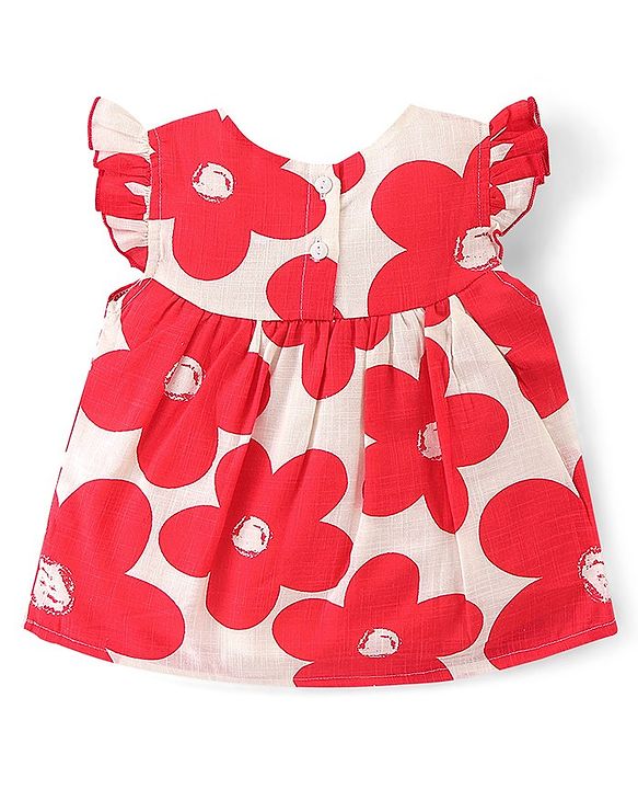 Babyhug 100% Cotton Frill Sleeves Woven Top With Floral Print - Red & White