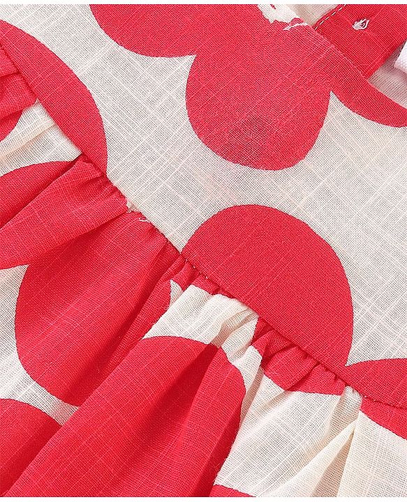 Babyhug 100% Cotton Frill Sleeves Woven Top With Floral Print - Red & White