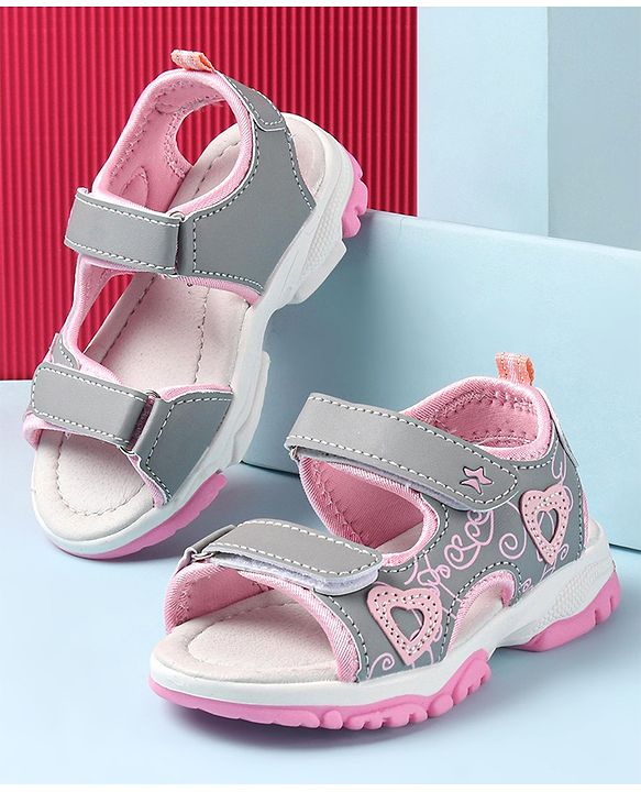 Cute Walk by Babyhug Sandal with Velcro Closure Heart Applque - Grey & Pink