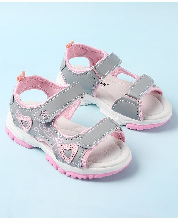 Cute Walk by Babyhug Sandal with Velcro Closure Heart Applque - Grey & Pink